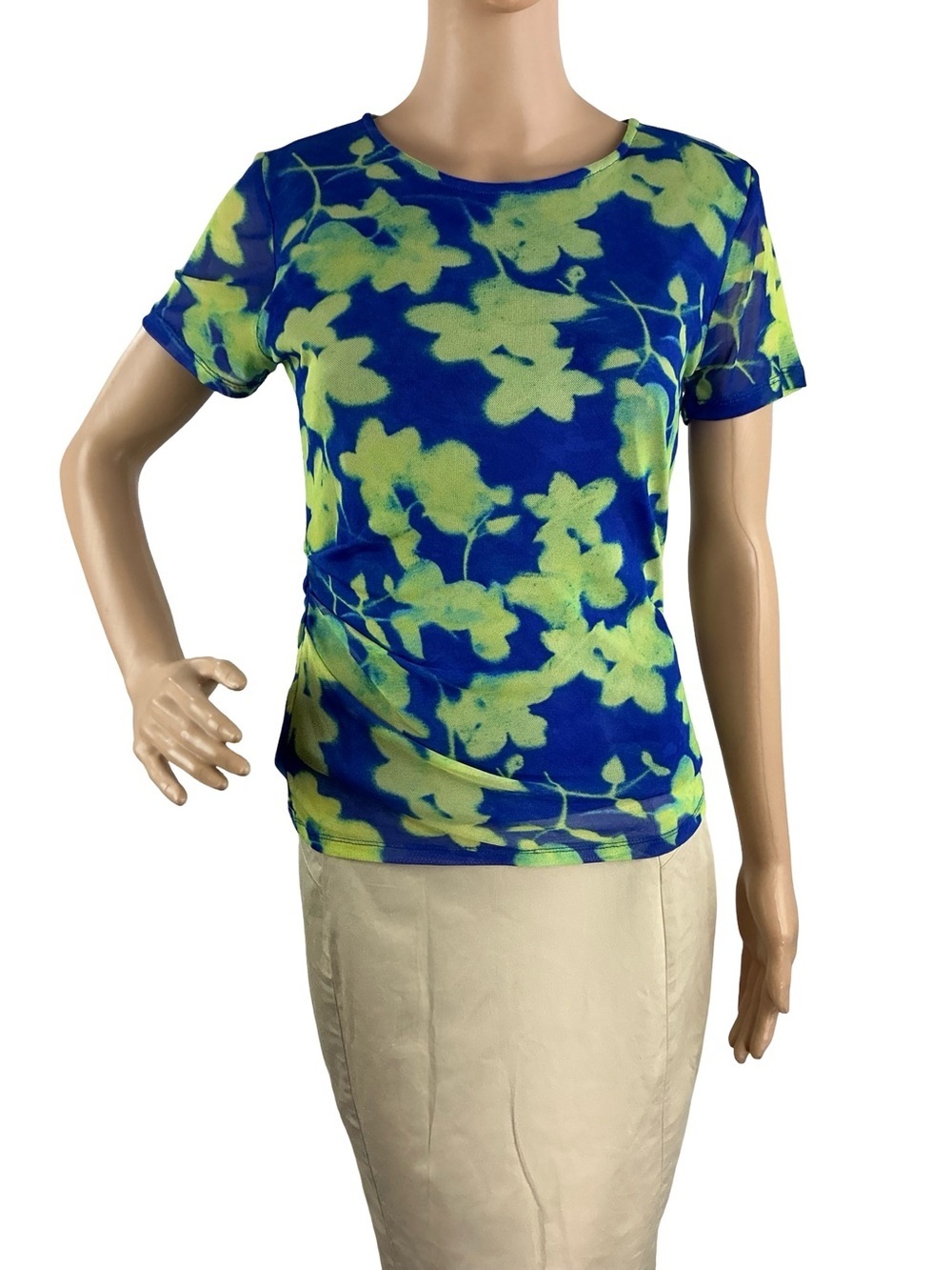 Calvin Klein Floral Printed Mesh Top Blue Green Career Size S